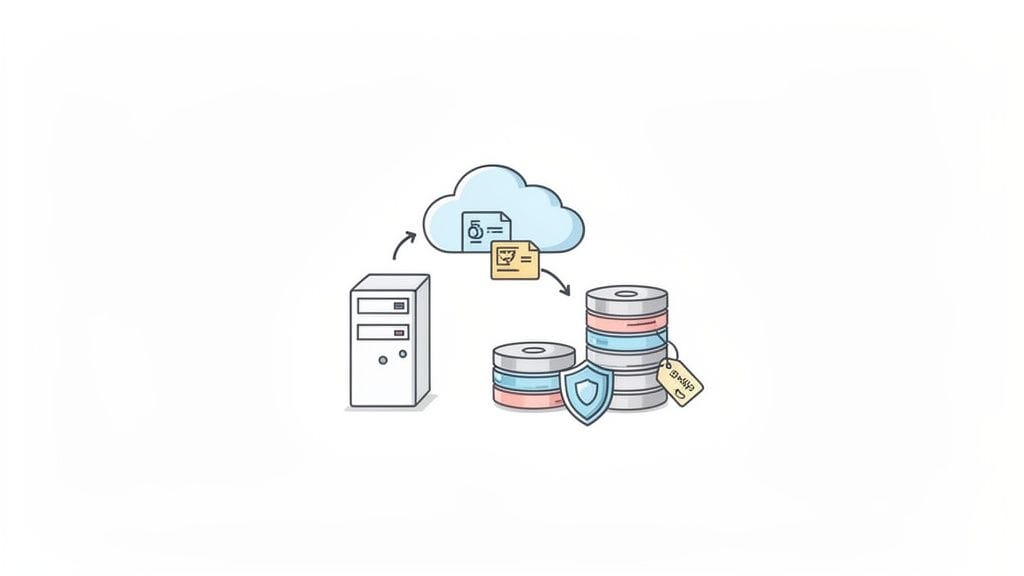 An illustration showing data moving from a server to cloud storage and secure databases.