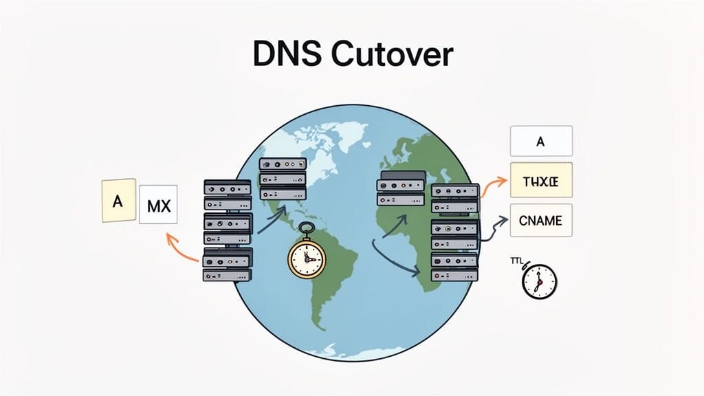 Illustration of dns cutover showing global servers, a, mx, cname records, and ttl over time.