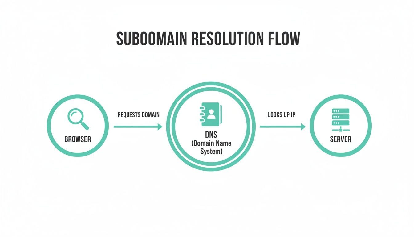 What is a Subdomain: A Simple Guide to Organizing Your Site 3 Flowchart illustrating the subdomain resolution process from a browser requesting a domain to a server via dns.