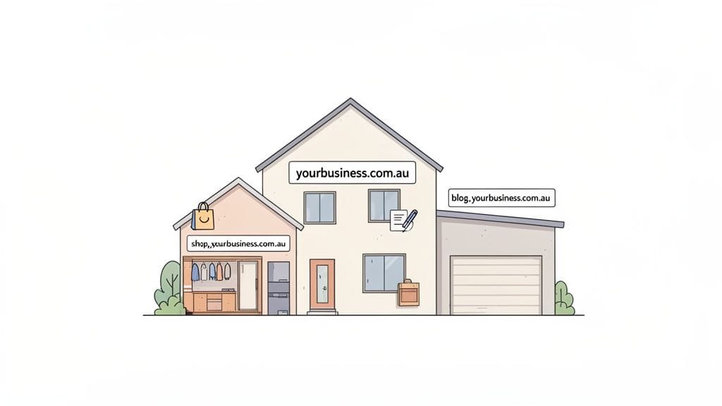 What is a Subdomain: A Simple Guide to Organizing Your Site 1 Illustration of a house representing a main domain, with a shop subdomain and a blog subdomain.