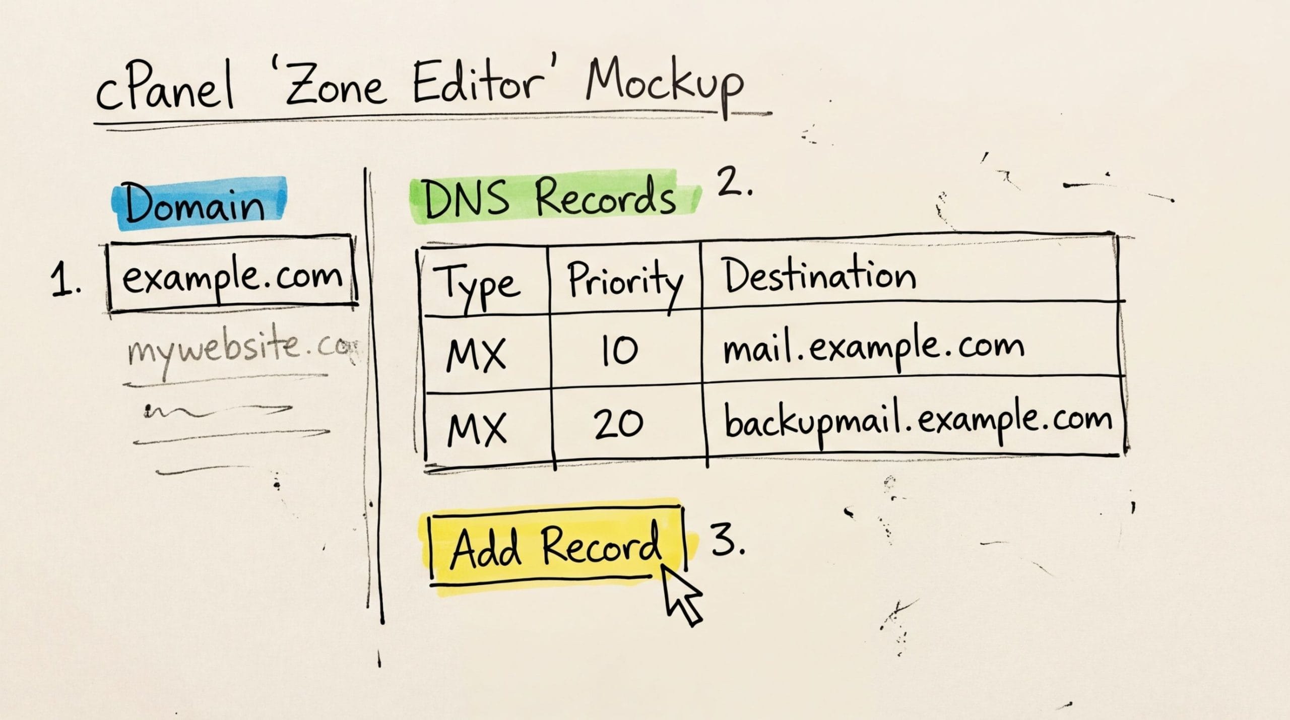 Hand-drawn cpanel zone editor mockup displaying dns mx records for 'example. Com' with an 'add record' button.