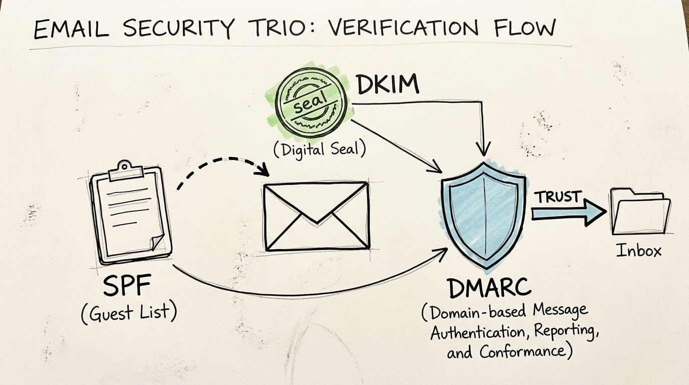 A diagram illustrates the email security trio (spf, dkim, dmarc) verification flow for email delivery.