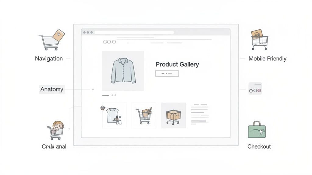 Choosing the Best WooCommerce Theme for WordPress in 2026 3 Diagram showing the key components and features of an e-commerce website design, including product gallery and checkout.