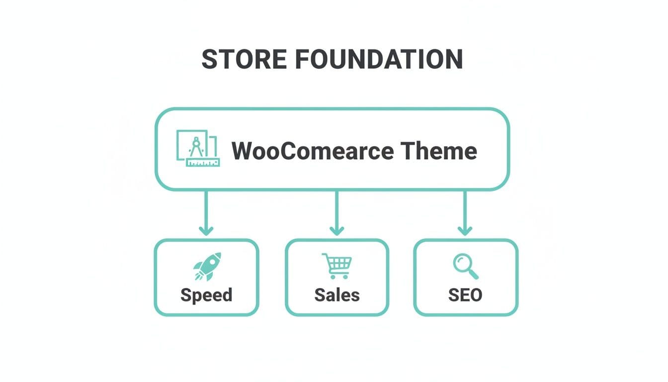 Choosing the Best WooCommerce Theme for WordPress in 2026 1 Diagram showing how a woocommerce theme forms the store foundation, boosting speed, sales, and seo.