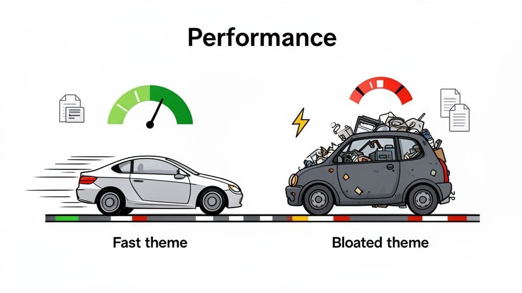 Choosing the Best WooCommerce Theme for WordPress in 2026 4 Illustration contrasting a fast, efficient car with a slow, bloated car overflowing with files.