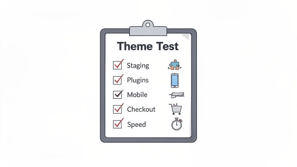 Choosing the Best WooCommerce Theme for WordPress in 2026 6 A clipboard with a 'theme test' checklist, showing items like staging, plugins, mobile, checkout, and speed, all checked off.