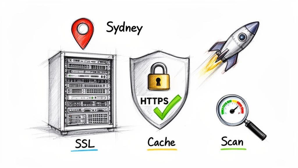 Master WordPress Website Creation for Australian Success in 2026 5 Illustration of web hosting benefits: sydney location, ssl, https, caching, speed, and security scanning.