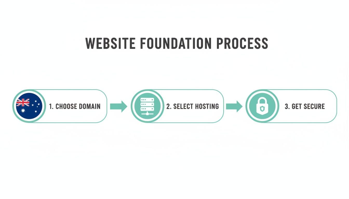 Master WordPress Website Creation for Australian Success in 2026 2 Diagram illustrating the three-step website foundation process: 1. Choose domain, 2. Select hosting, 3. Get secure.