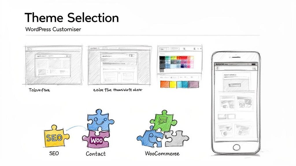 Master WordPress Website Creation for Australian Success in 2026 3 Sketches illustrating wordpress theme selection, customization, mobile responsiveness, and plugin integrations for seo and woocommerce.