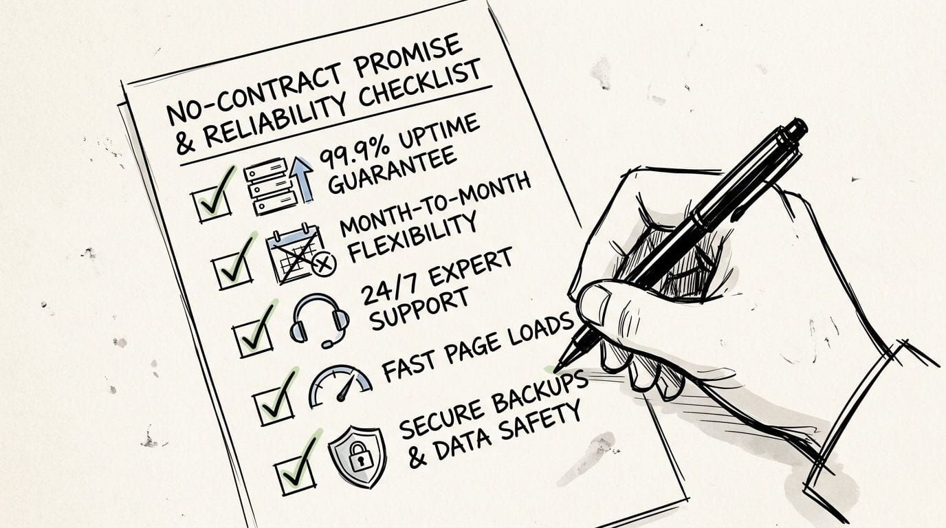 Affordable Web Hosting No Contracts Your AU Guide 2026 6 A hand checking off items on a no-contract promise and reliability checklist for web hosting services.