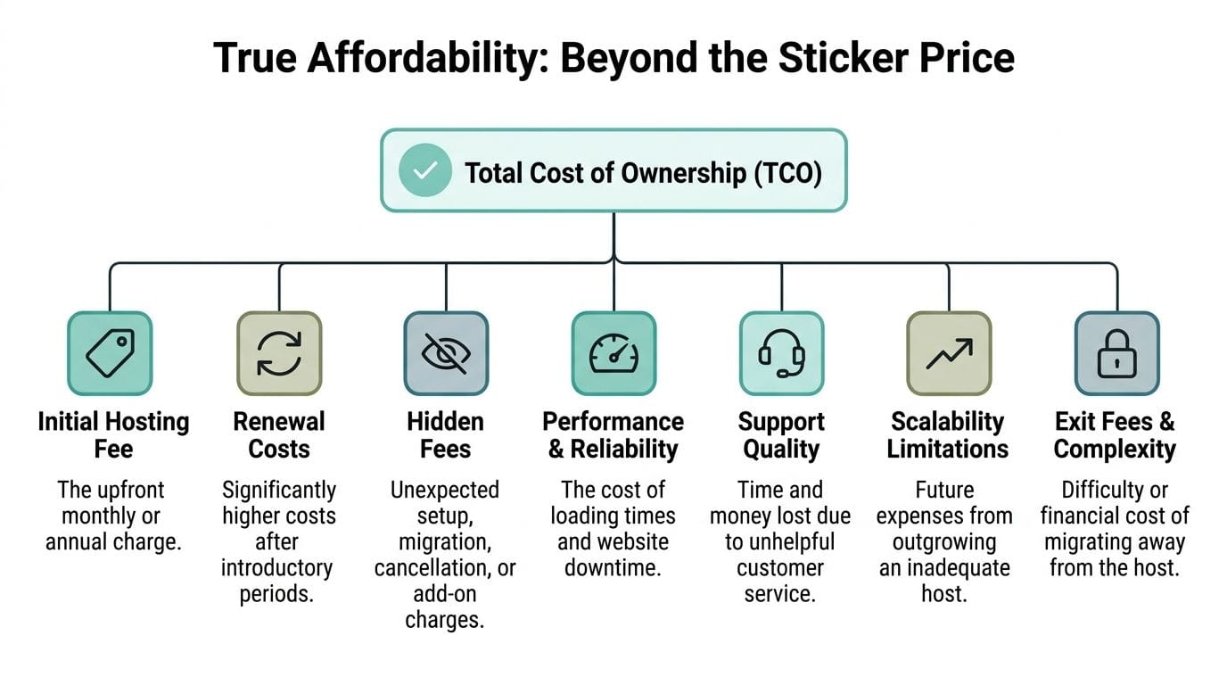 Affordable Web Hosting No Contracts Your AU Guide 2026 3 A diagram outlining the true total cost of ownership beyond just the initial sticker price for web hosting.