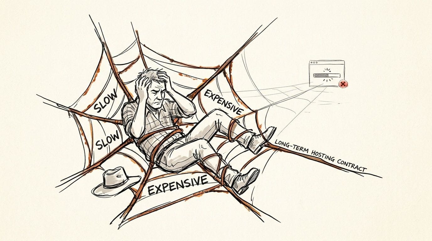 Affordable Web Hosting No Contracts Your AU Guide 2026 1 A man trapped in a spider web labeled with slow speeds, high costs, and long-term hosting contracts.