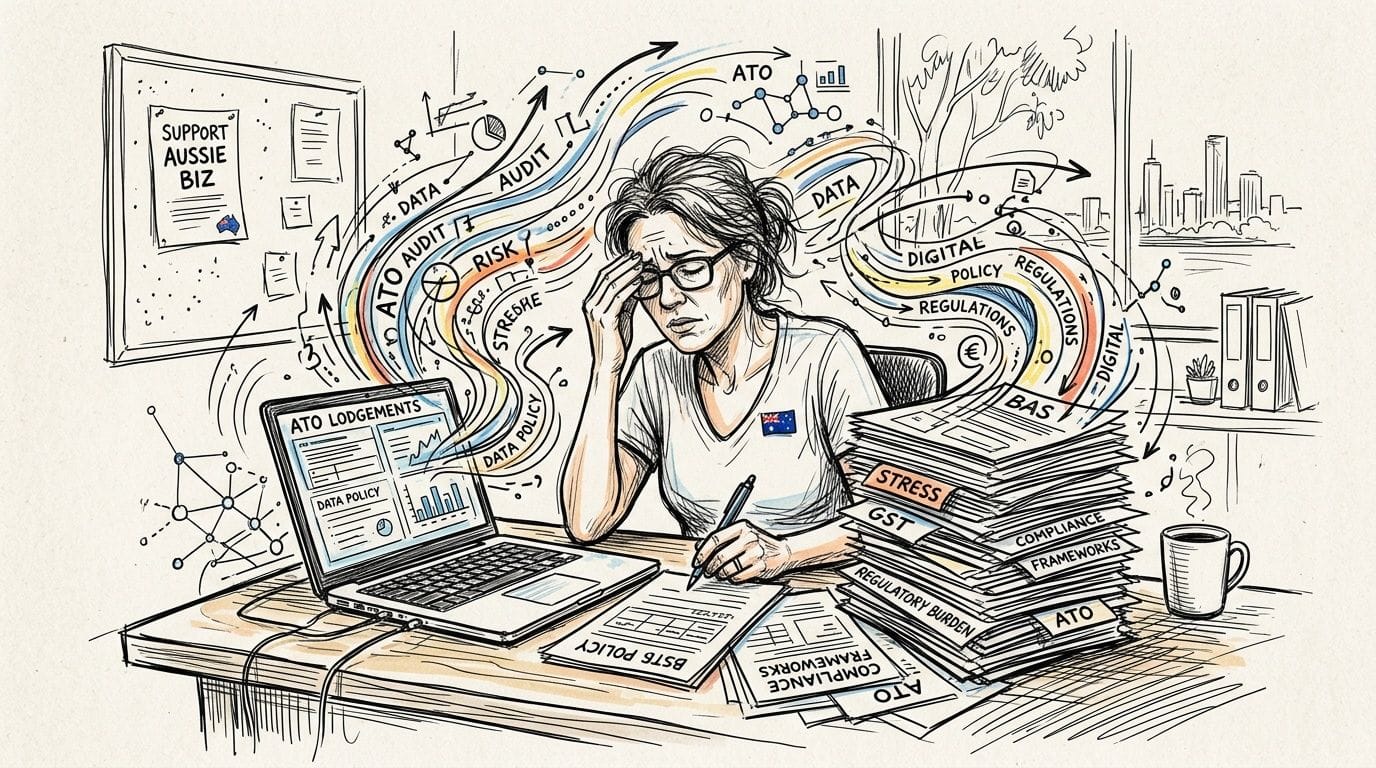 Australian Data Sovereignty Hosting A Simple Guide for SMBs 1 Stressed professional working on australian ato business compliance and tax documents at a cluttered office desk.
