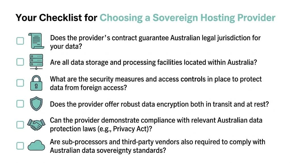 Australian Data Sovereignty Hosting A Simple Guide for SMBs 7 A checklist for choosing a sovereign hosting provider in australia, outlining six key data protection considerations.