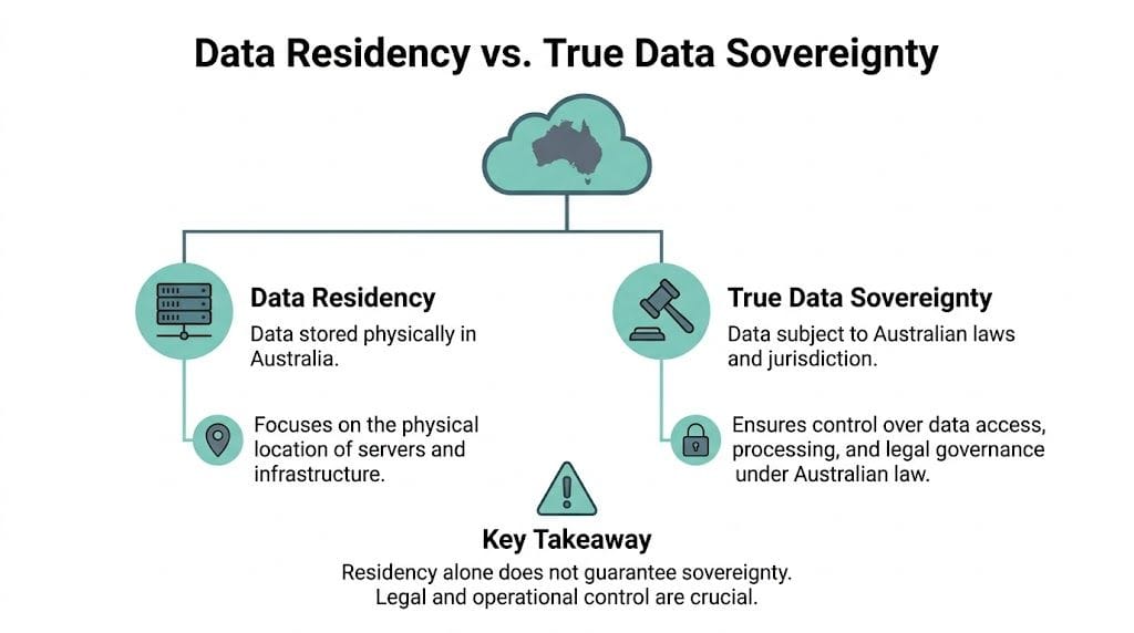Australian Data Sovereignty Hosting A Simple Guide for SMBs 3 A diagram comparing data residency and true data sovereignty in australia with associated icons and descriptions.