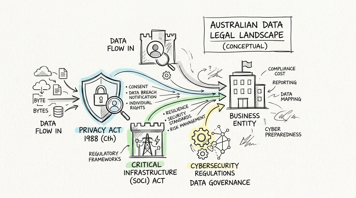 Australian Data Sovereignty Hosting A Simple Guide for SMBs 4 A conceptual hand-drawn diagram illustrating the australian legal landscape for data privacy and cybersecurity regulations.
