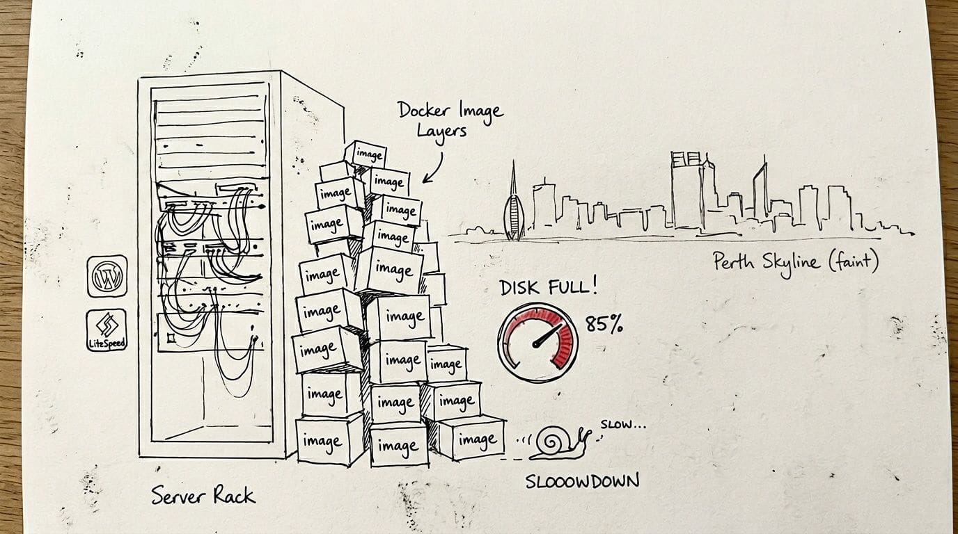 Server rack, stacked docker image layers, 85% disk full gauge, and a slow snail.