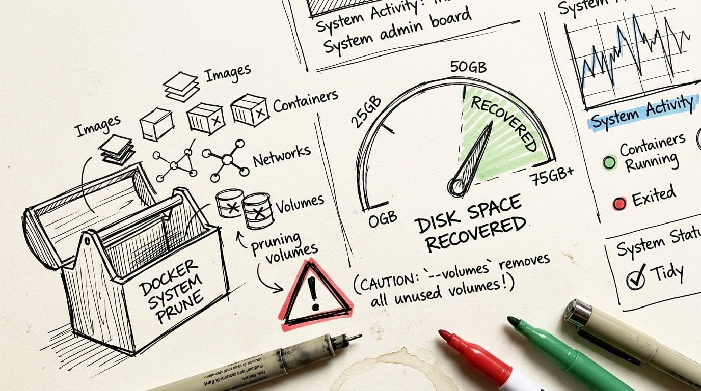 Illustrated guide to docker system prune, detailing disk space recovery and system cleanup components.