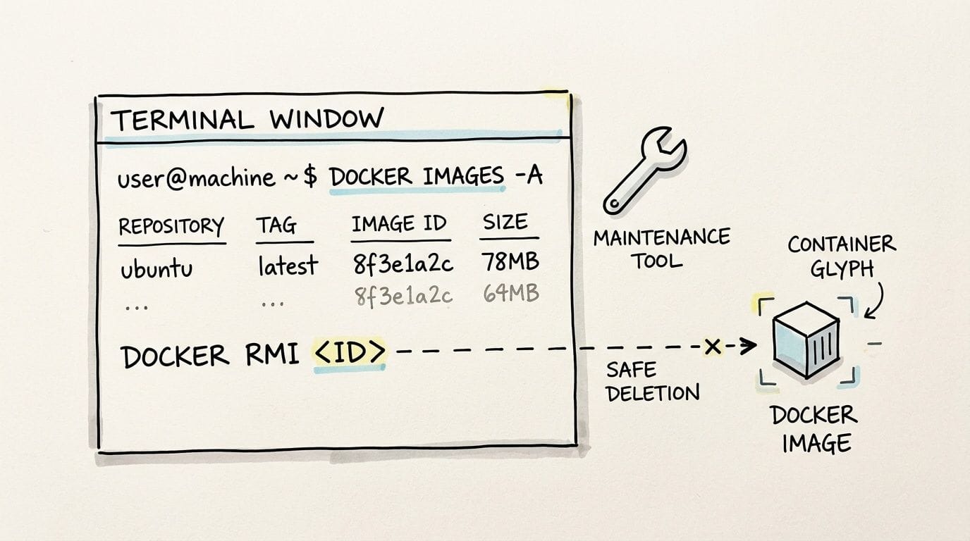 Diagram illustrating how to delete a docker image using the 'docker rmi <id>' command in a terminal window, showing safe deletion.