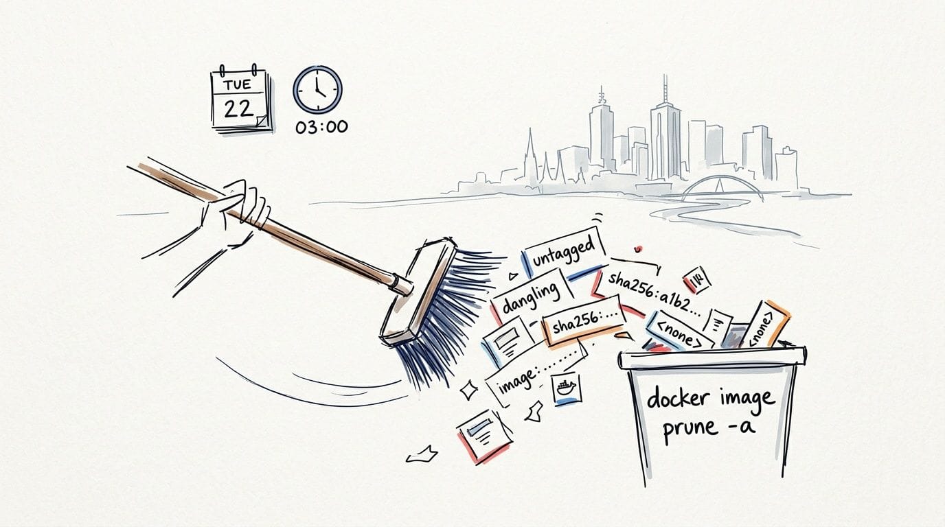 A hand sweeps untagged and dangling docker images into a trash can labeled 'docker image prune -a'.