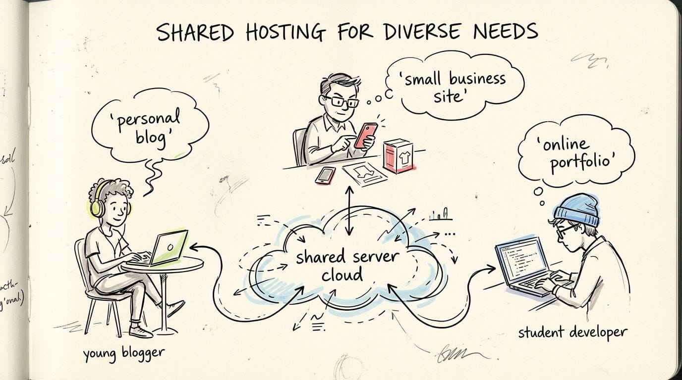 An illustration showing three different users utilizing a shared server cloud for a blog, business, and portfolio.