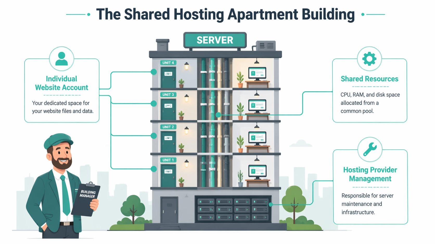 A diagram illustrating shared hosting as an apartment building with individual units and shared resources.