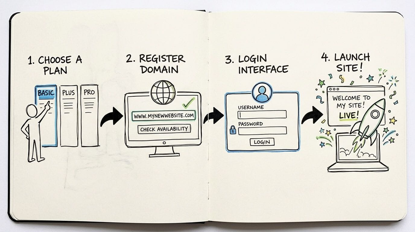 An illustrated four-step process showing how to launch a website, from choosing a plan to going live.