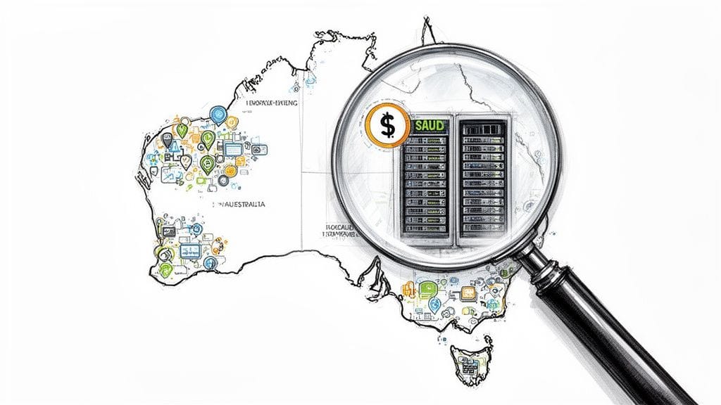 A magnifying glass focusing on server racks in australia, illustrating financial technology and data infrastructure concepts.