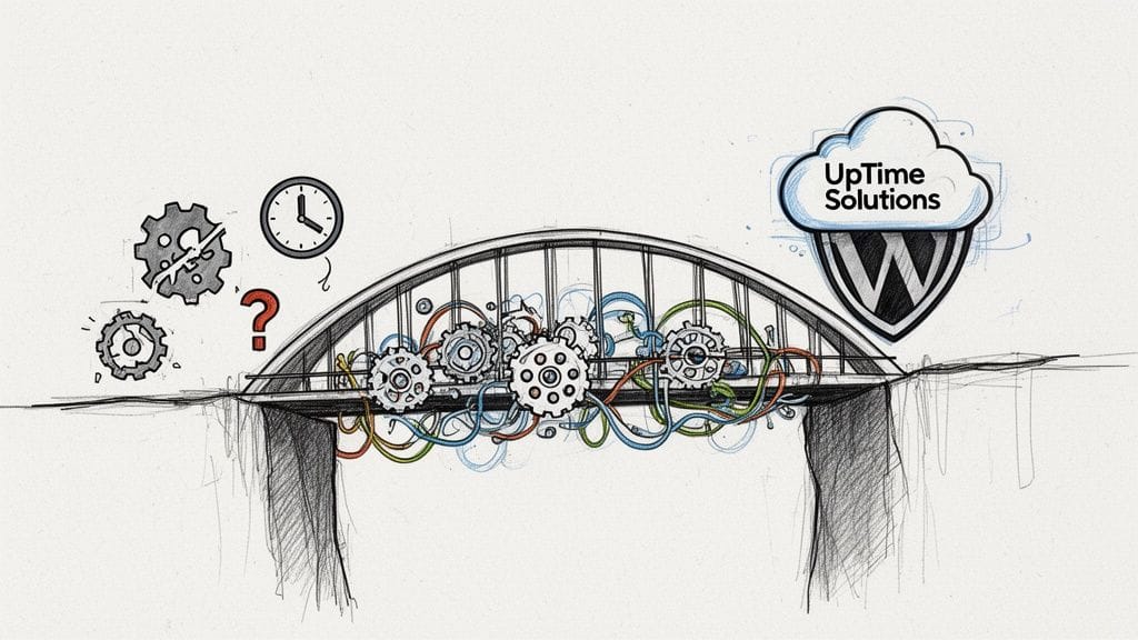 A conceptual sketch showing a bridge built from gears and wires with a wordpress logo above.