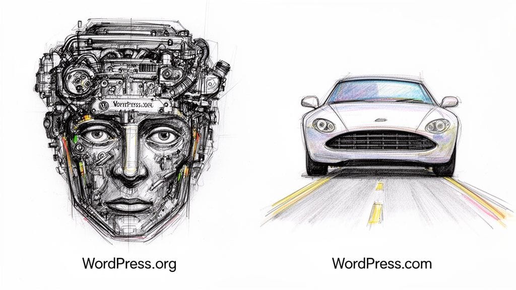 A conceptual comparison between wordpress. Org represented as a complex robot head and wordpress. Com as a simple car.
