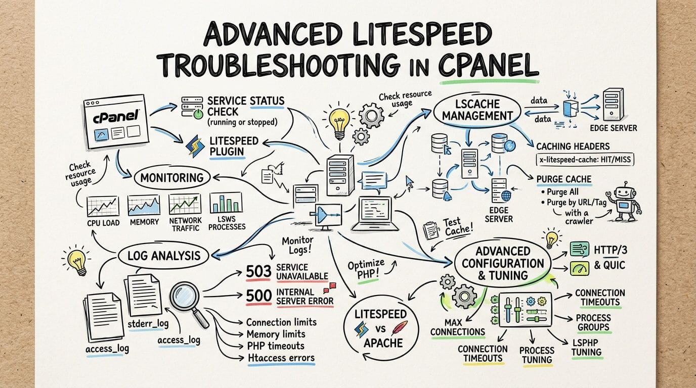 A hand-drawn sketch outlining the workflow for troubleshooting litespeed web server issues within the cpanel hosting environment.