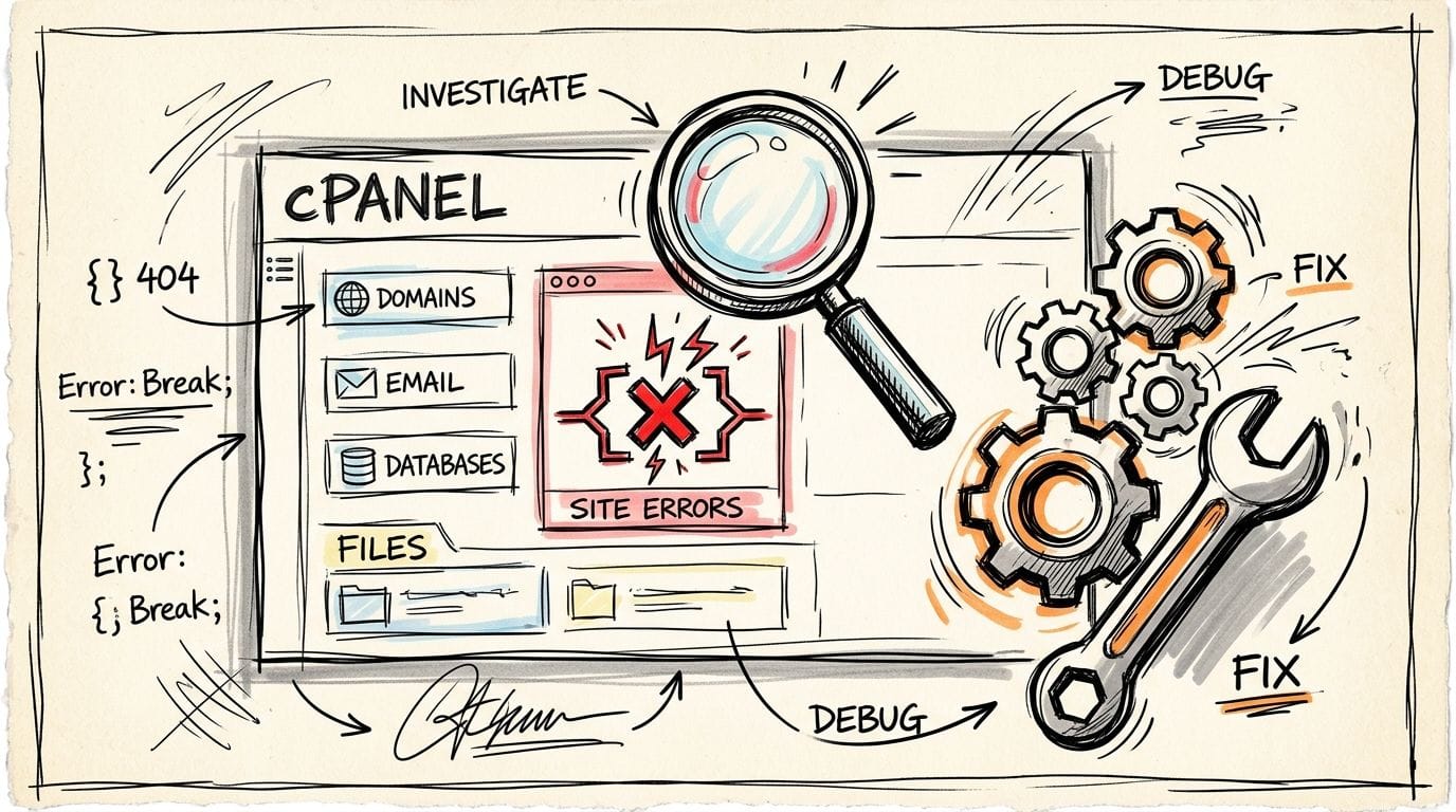A hand-drawn illustration showing a cpanel interface being debugged with a magnifying glass and tools.