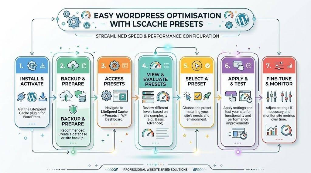 A seven step infographic illustrating the streamlined process for optimizing wordpress performance using litespeed cache plugin presets.