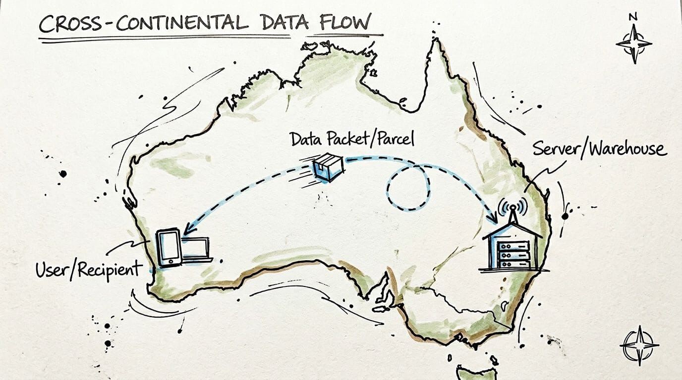 Low Latency Hosting Australia: Your 2026 Guide 2 A hand-drawn illustration depicting cross-continental data flow across australia between a server warehouse and user devices.