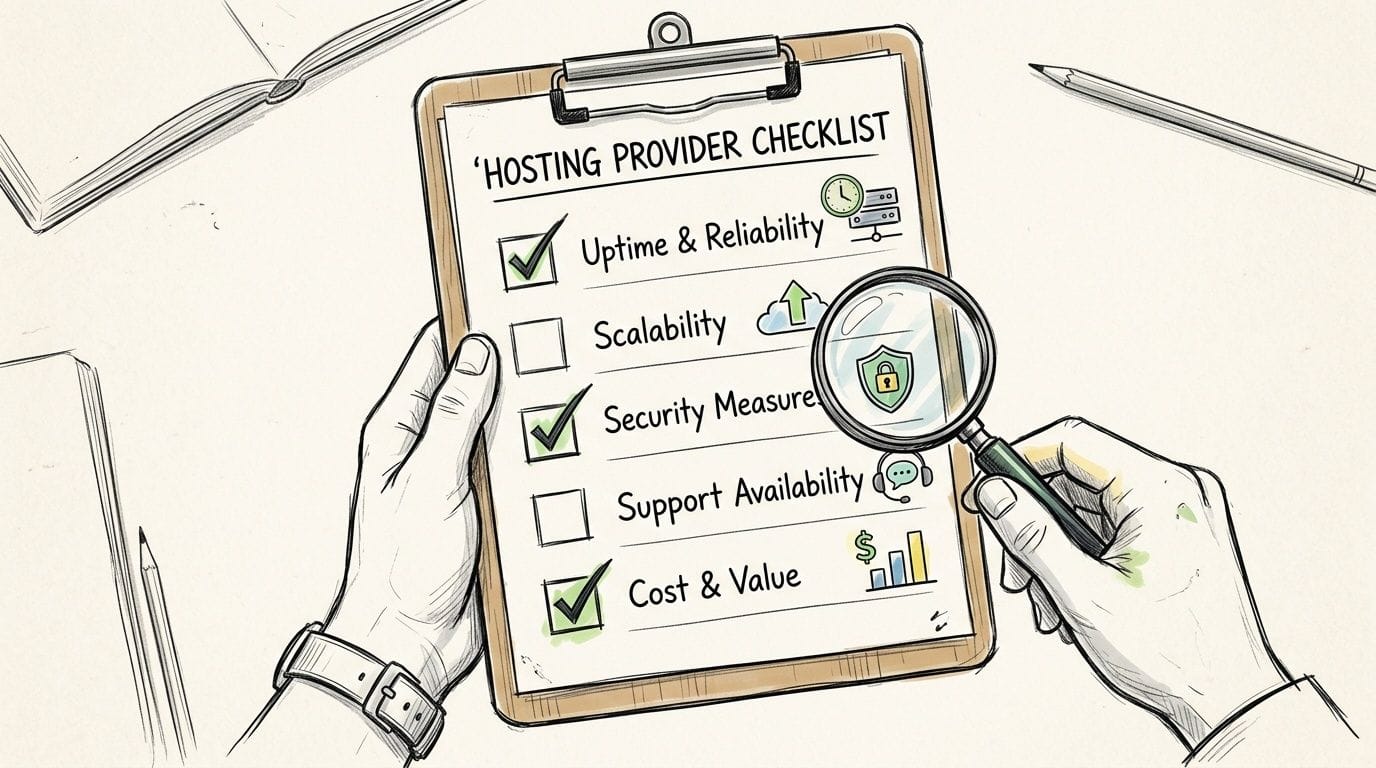Low Latency Hosting Australia: Your 2026 Guide 6 A person holding a clipboard with a hosting provider checklist under a magnifying glass for evaluation.