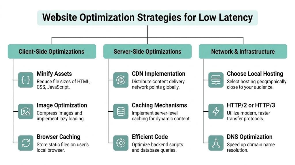 Low Latency Hosting Australia: Your 2026 Guide 5 An infographic titled website optimization strategies for low latency covering client-side, server-side, and network infrastructure techniques.