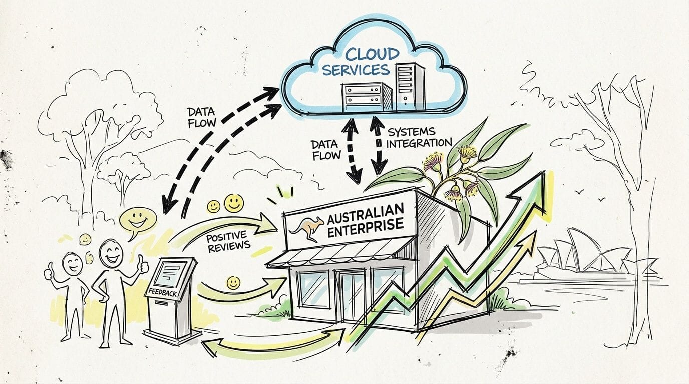 Managed WordPress Hosting Australia for Growth 4 A hand-drawn illustration showing an australian enterprise connecting feedback systems and cloud services to increase growth.