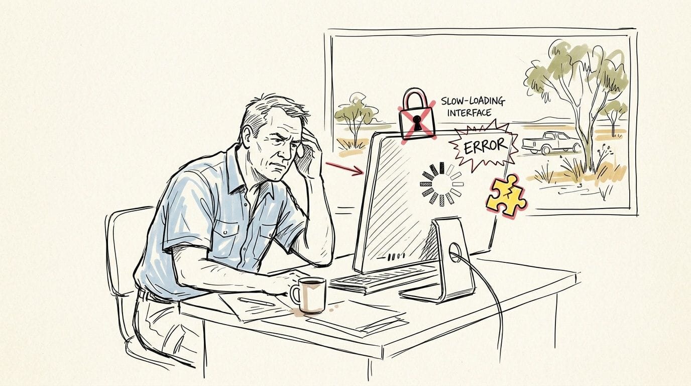 Managed WordPress Hosting Australia for Growth 1 A frustrated man looking at a computer screen showing error messages and a slow-loading interface icon.