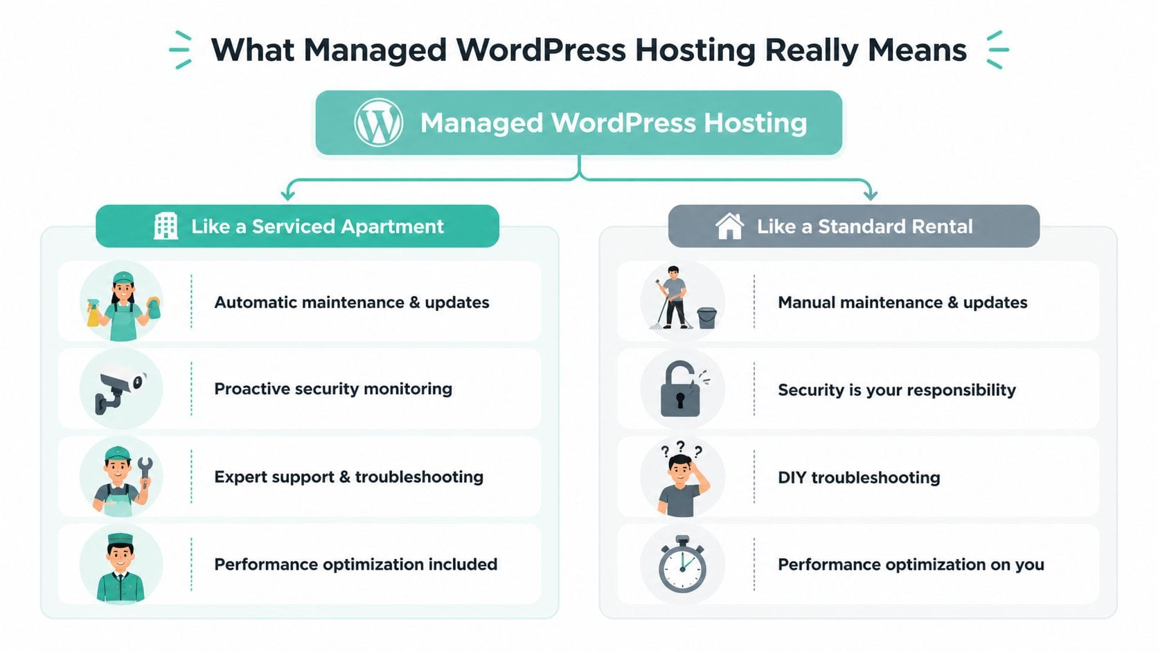 Managed WordPress Hosting Australia for Growth 3 A comparison chart showing benefits of managed wordpress hosting versus standard rental hosting for websites.