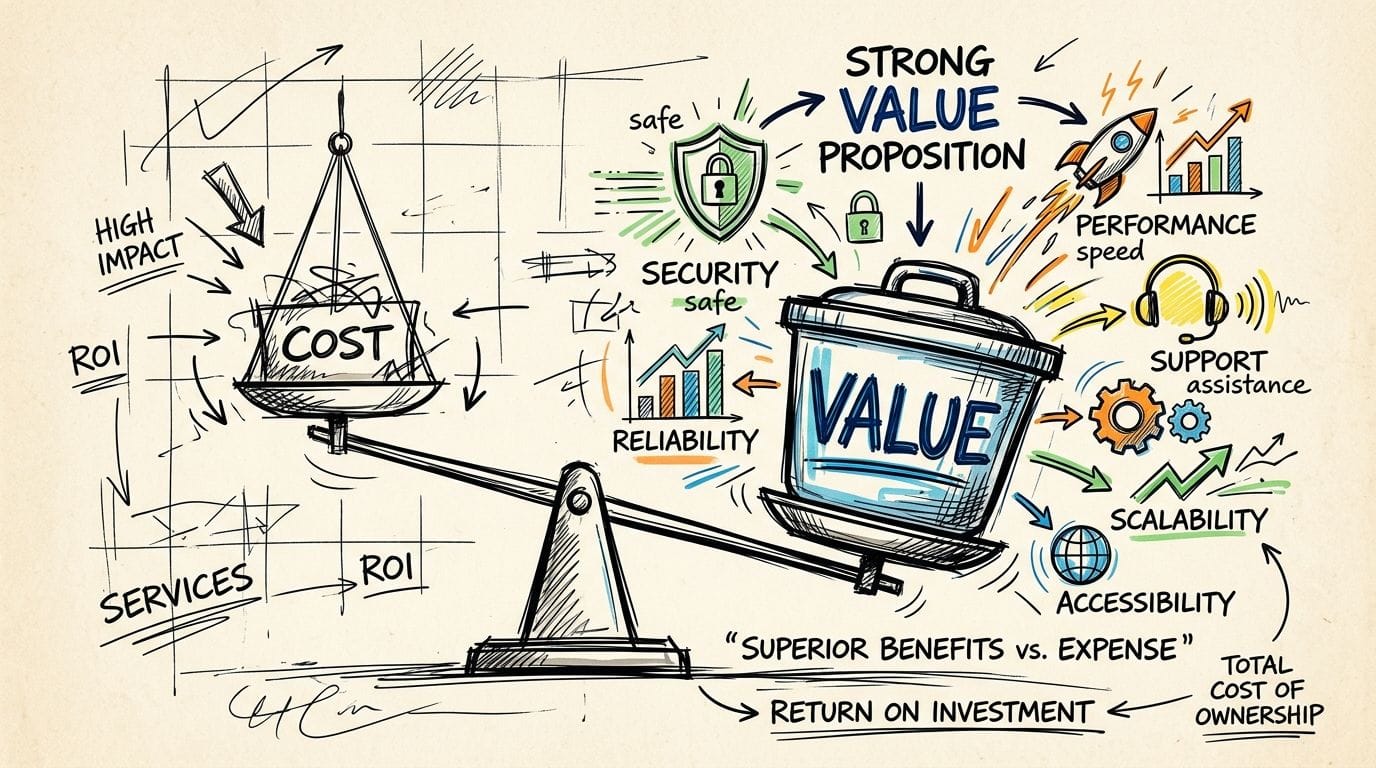 Managed WordPress Hosting Australia for Growth 7 A hand-drawn illustration showing a scale balancing business cost against value proposition and roi.