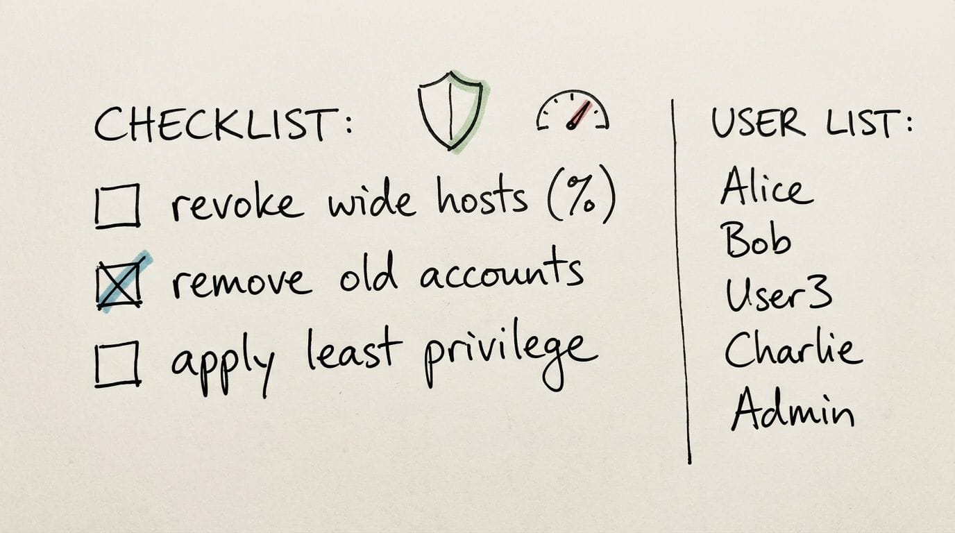 mysql show users: List & Manage MySQL Users Correctly 5 A handwritten cybersecurity checklist with user list, showing tasks like revoking hosts and removing old accounts.