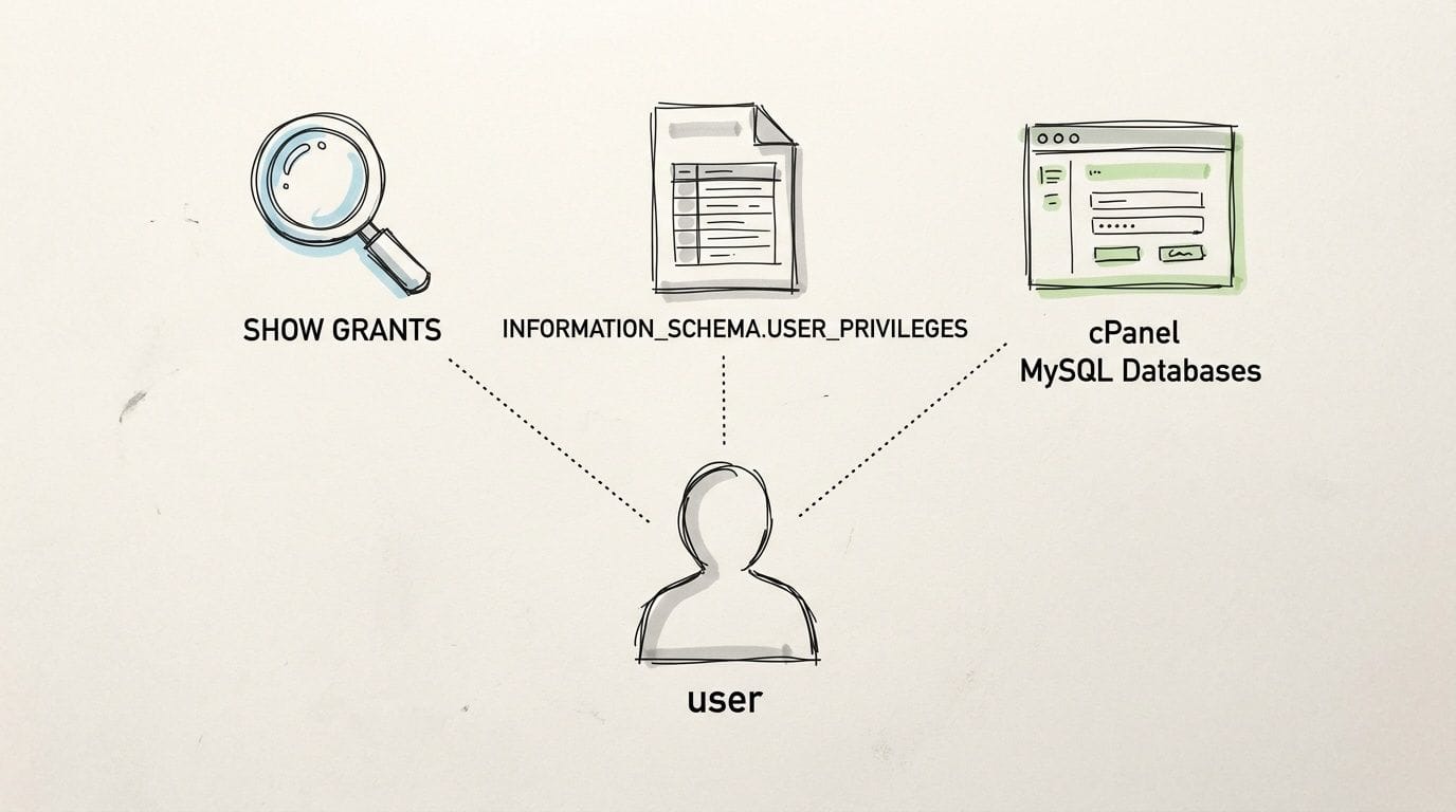 mysql show users: List & Manage MySQL Users Correctly 3 Diagram illustrating three methods for checking a user's mysql privileges: show grants, information_schema. User_privileges, and cpanel.