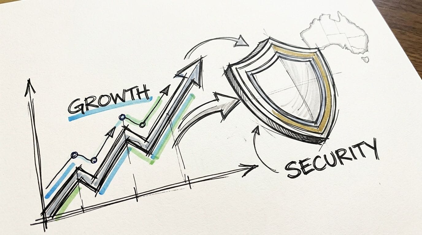 A hand-drawn sketch illustrating business growth represented by an upward trend arrow connected to a security shield.