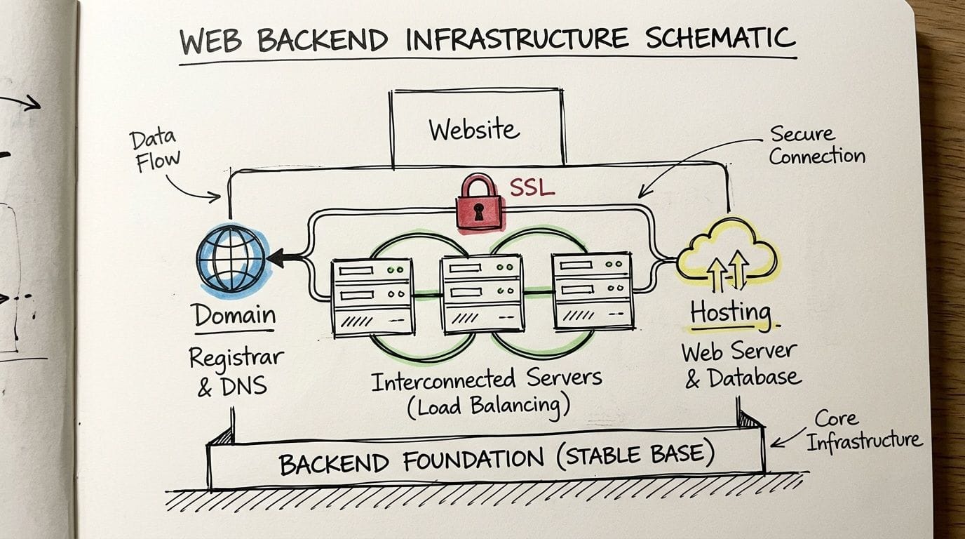 A hand-drawn schematic illustration showing the components and architecture of web backend infrastructure and servers.