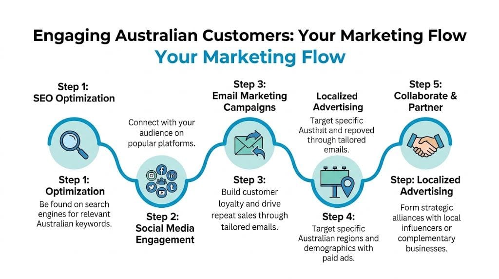 A five-step flowchart illustrating a digital marketing strategy for businesses targeting australian customers online.