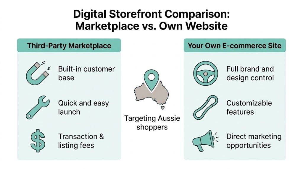 A comparison chart highlighting the pros and cons of using third-party marketplaces versus own e-commerce websites.