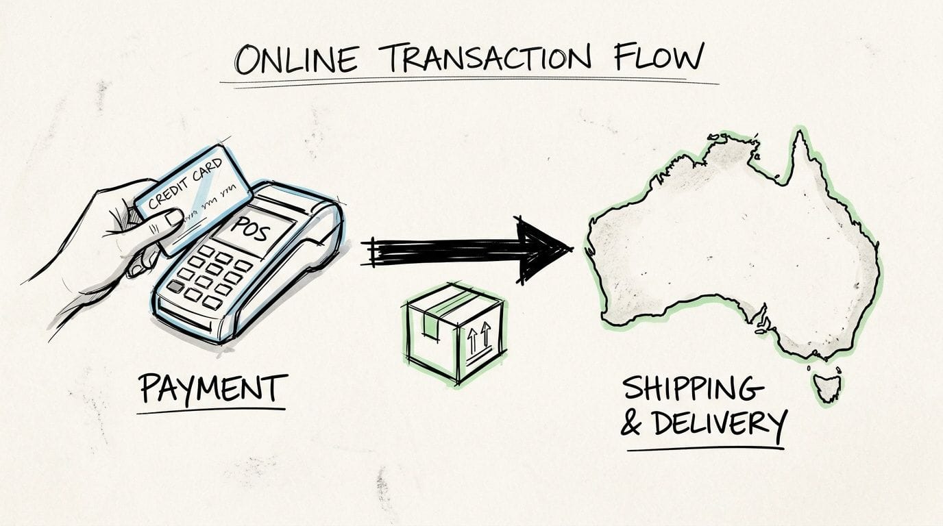 A hand making a credit card payment at a pos terminal followed by a shipping process in australia.