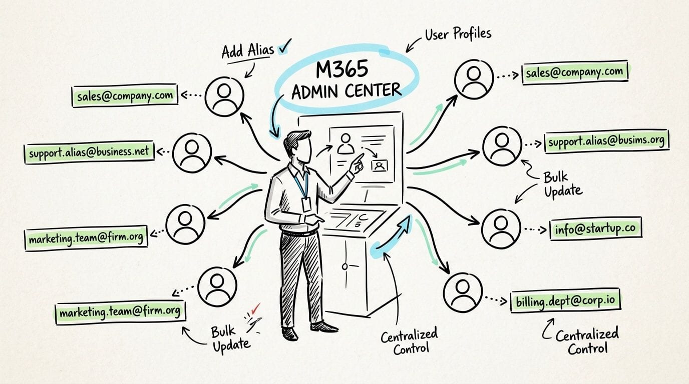 Outlook Email Alias: Your 2026 Guide for AU Businesses 5 A diagram illustrating the m365 admin center for managing user email aliases and bulk profile updates.