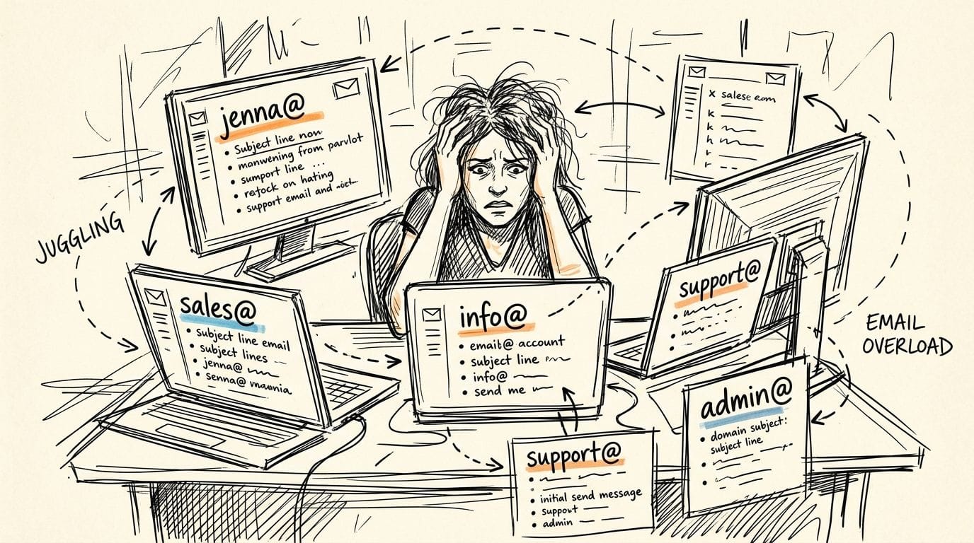 Outlook Email Alias: Your 2026 Guide for AU Businesses 1 A woman sits overwhelmed at a desk surrounded by multiple computer screens displaying various overflowing email aliases.