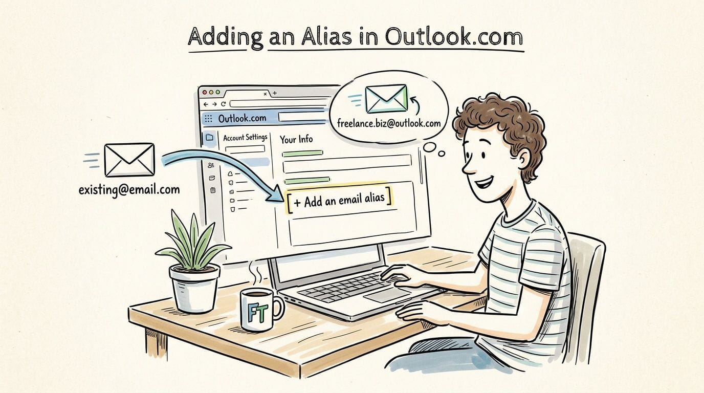 Outlook Email Alias: Your 2026 Guide for AU Businesses 3 A hand-drawn illustration showing a person using a laptop to add a new email alias in outlook.